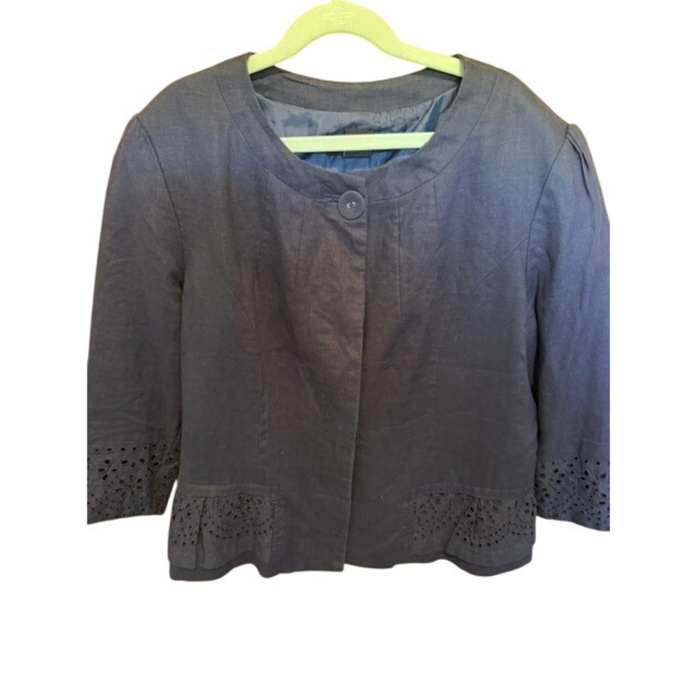 Saint Tropez West‎ Womens Navy Blue 100% Linen Eyelet Embroidered Jacket Size S